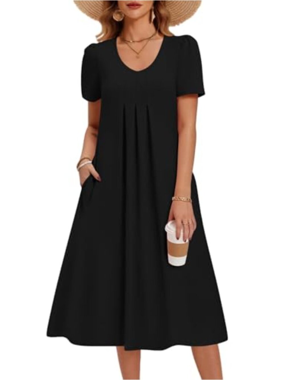 Women's Casual Floral Summer Dress with Pockets V Neck Pleated Short Sleeve